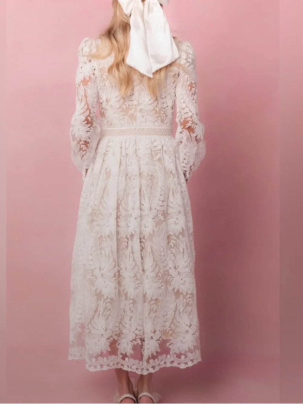Ivy City Co White Lace Midi Dress with Long Sleeves - Picture 4 of 7